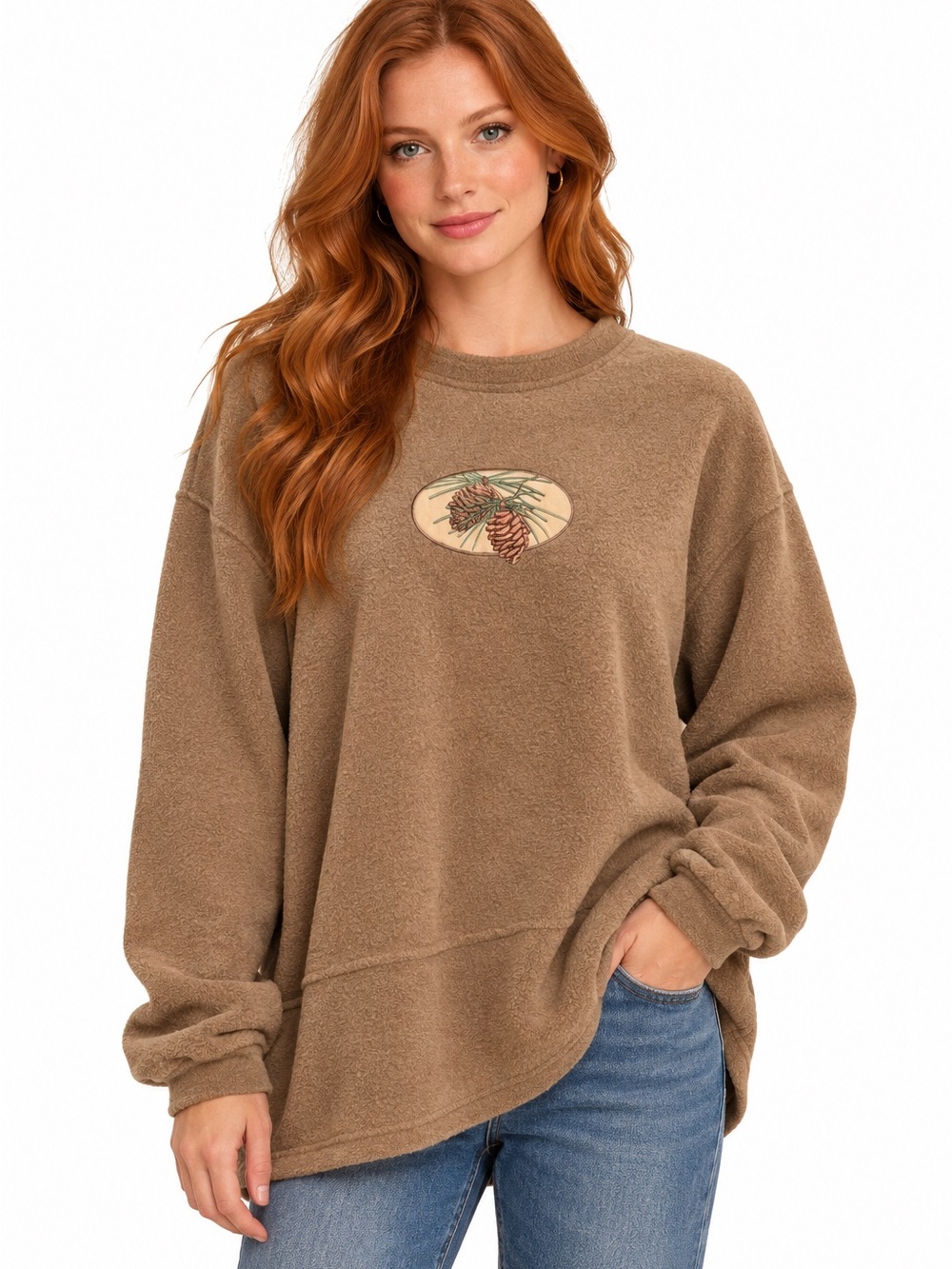 Expressions Original Brown Pinecone Embroidered Fleece Sweatshirt XL